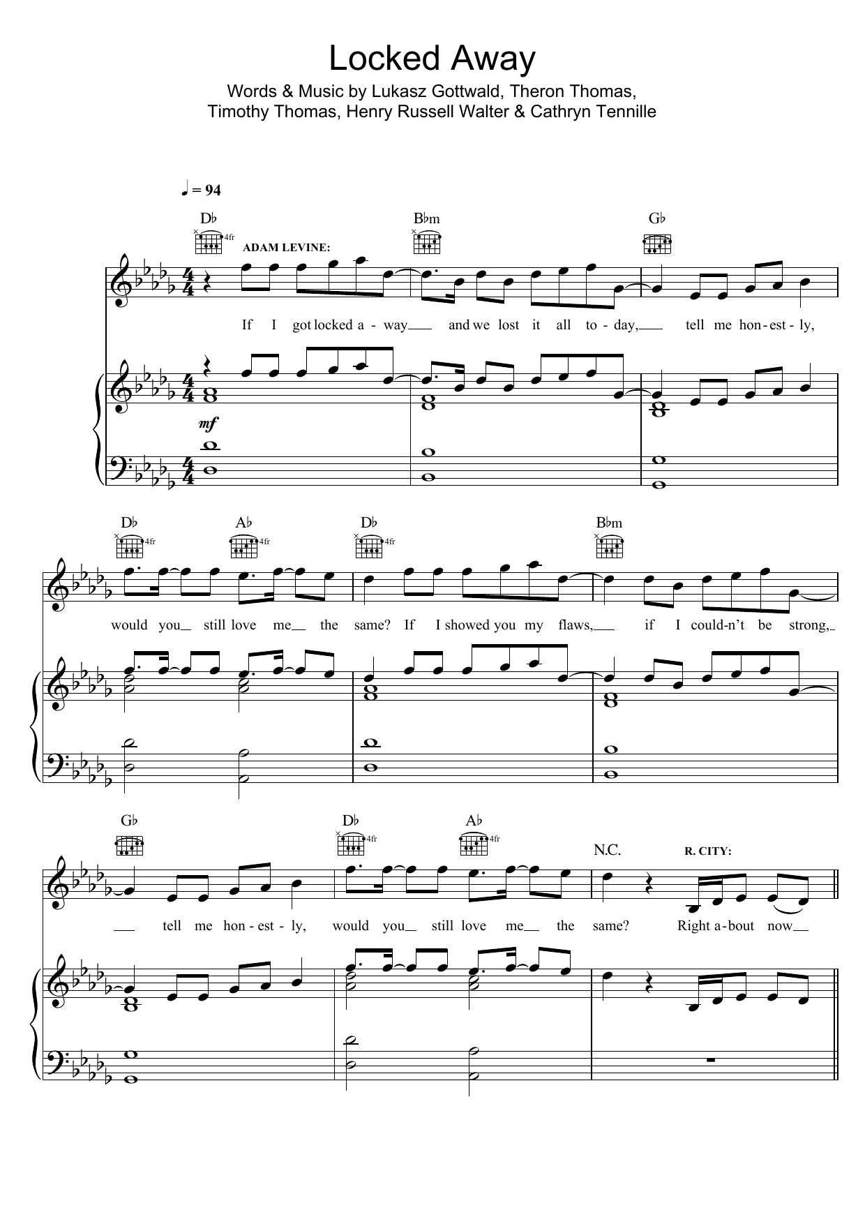 Download R. City Locked Away (feat. Adam Levine) Sheet Music and learn how to play Piano, Vocal & Guitar (Right-Hand Melody) PDF digital score in minutes