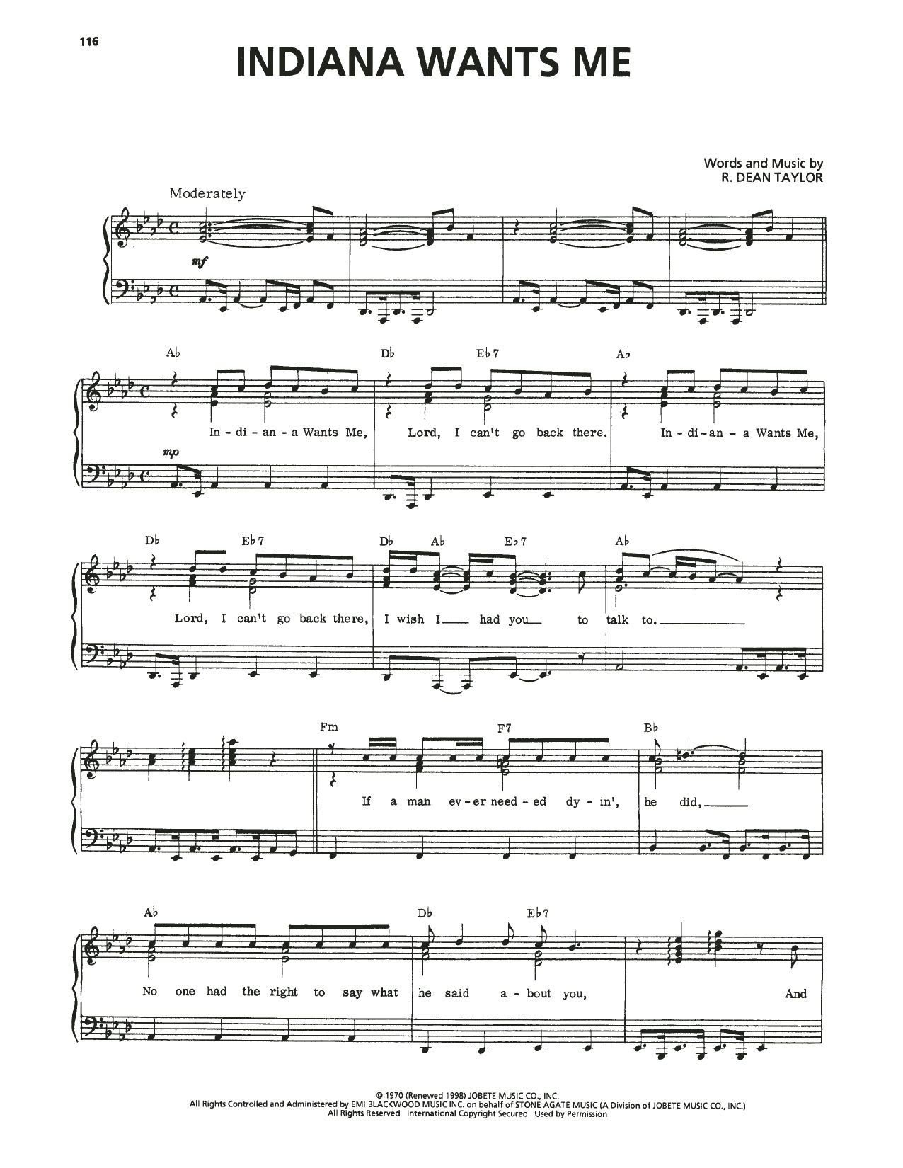 Download R. Dean Taylor Indiana Wants Me Sheet Music and learn how to play Piano, Vocal & Guitar Chords (Right-Hand Melody) PDF digital score in minutes
