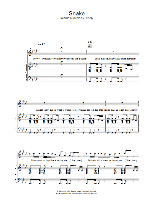 Download R. Kelly Snake Sheet Music and learn how to play Piano, Vocal & Guitar PDF digital score in minutes