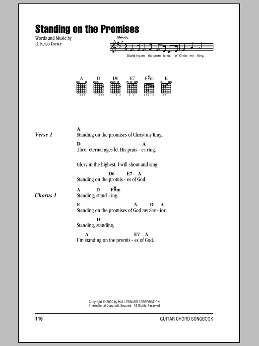 Download R. Kelso Carter Standing On The Promises Sheet Music and learn how to play Lyrics & Piano Chords PDF digital score in minutes