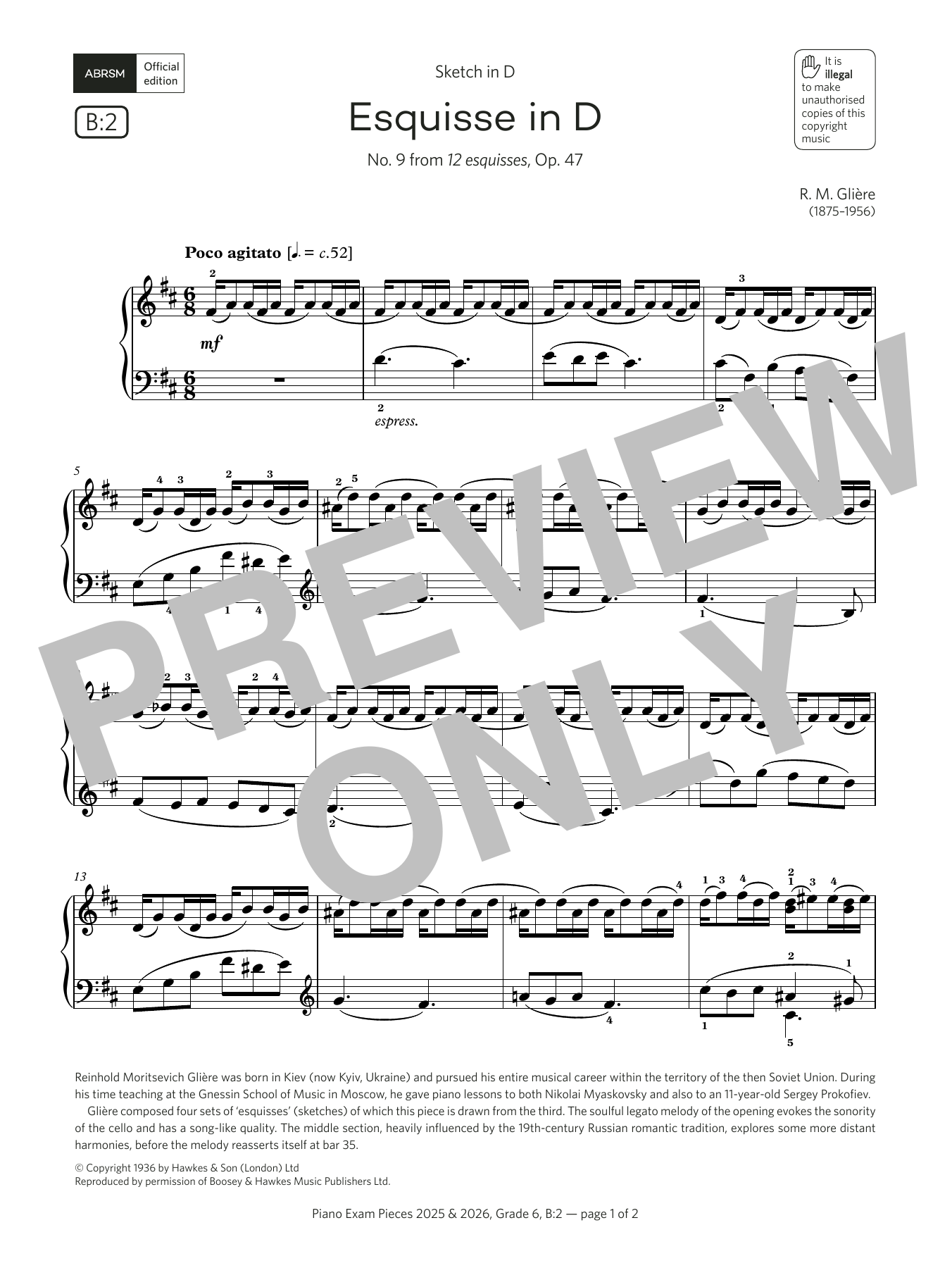 Download R. M. Glière Esquisse in D (Grade 6, list B2, from the ABRSM Piano Syllabus 2025 & 2026) Sheet Music and learn how to play Piano Solo PDF digital score in minutes