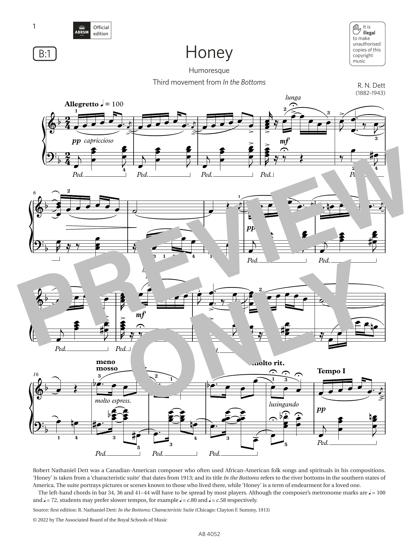 Download R N Dett Honey (Grade 6, list B1, from the ABRSM Piano Syllabus 2023 & 2024) Sheet Music and learn how to play Piano Solo PDF digital score in minutes