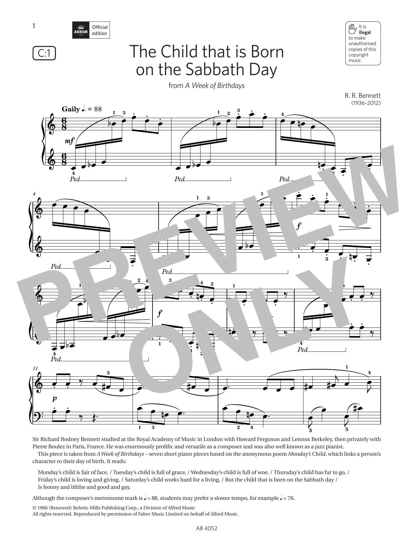 Download R R Bennett The Child that Is Born on the Sabbath Day (Grade 6, list C1, from ABRSM Piano Sy Sheet Music and learn how to play Piano Solo PDF digital score in minutes