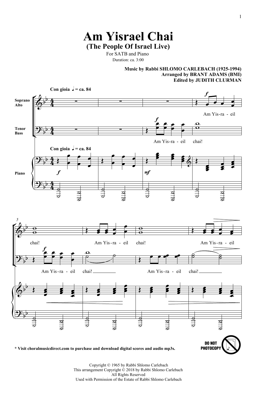 Download Rabbi Shlomo Carlebach Am Yisrael Chai (arr. Brant Adams) Sheet Music and learn how to play SATB Choir PDF digital score in minutes