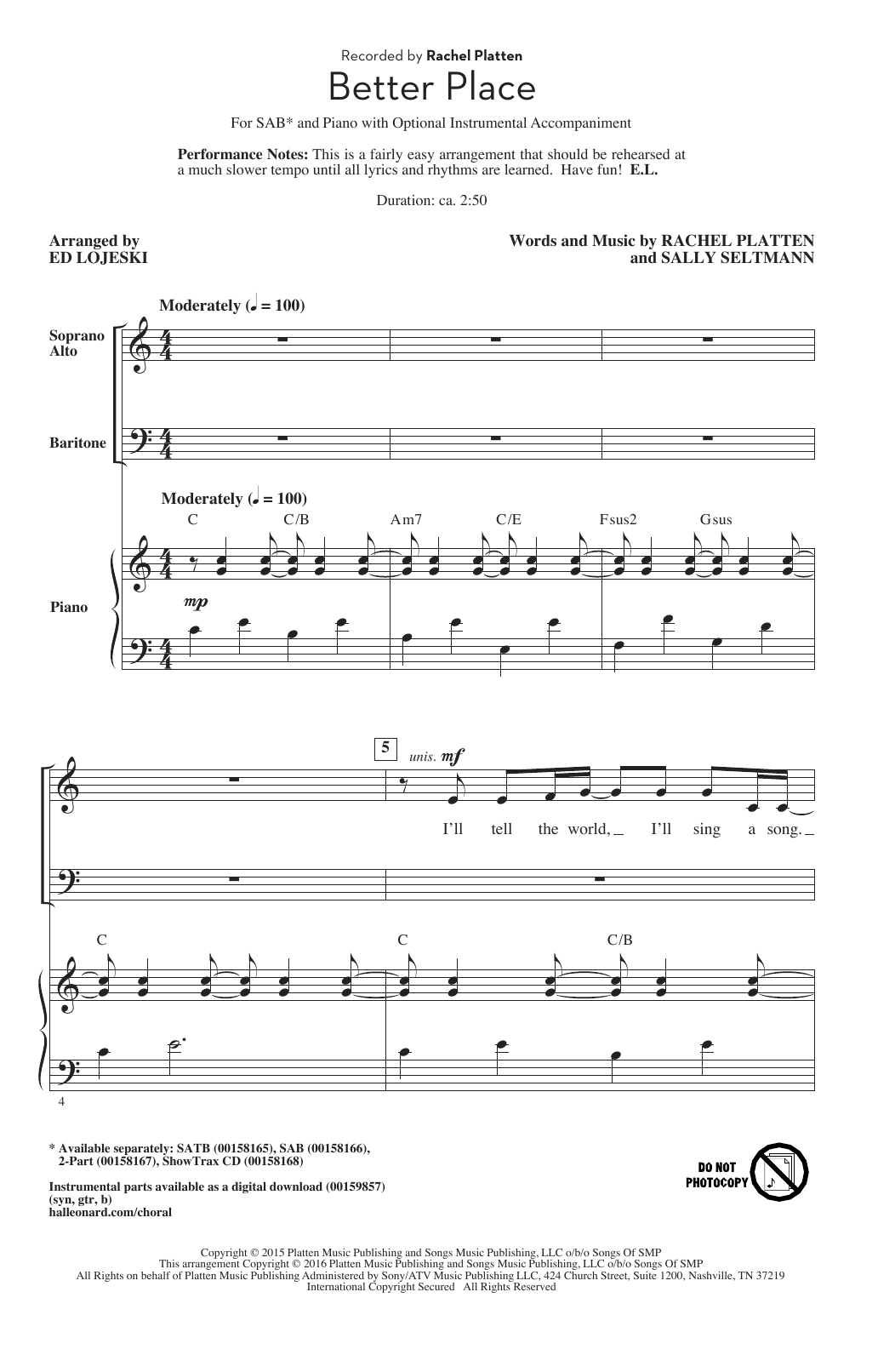Download Ed Lojeski Better Place Sheet Music and learn how to play SATB PDF digital score in minutes