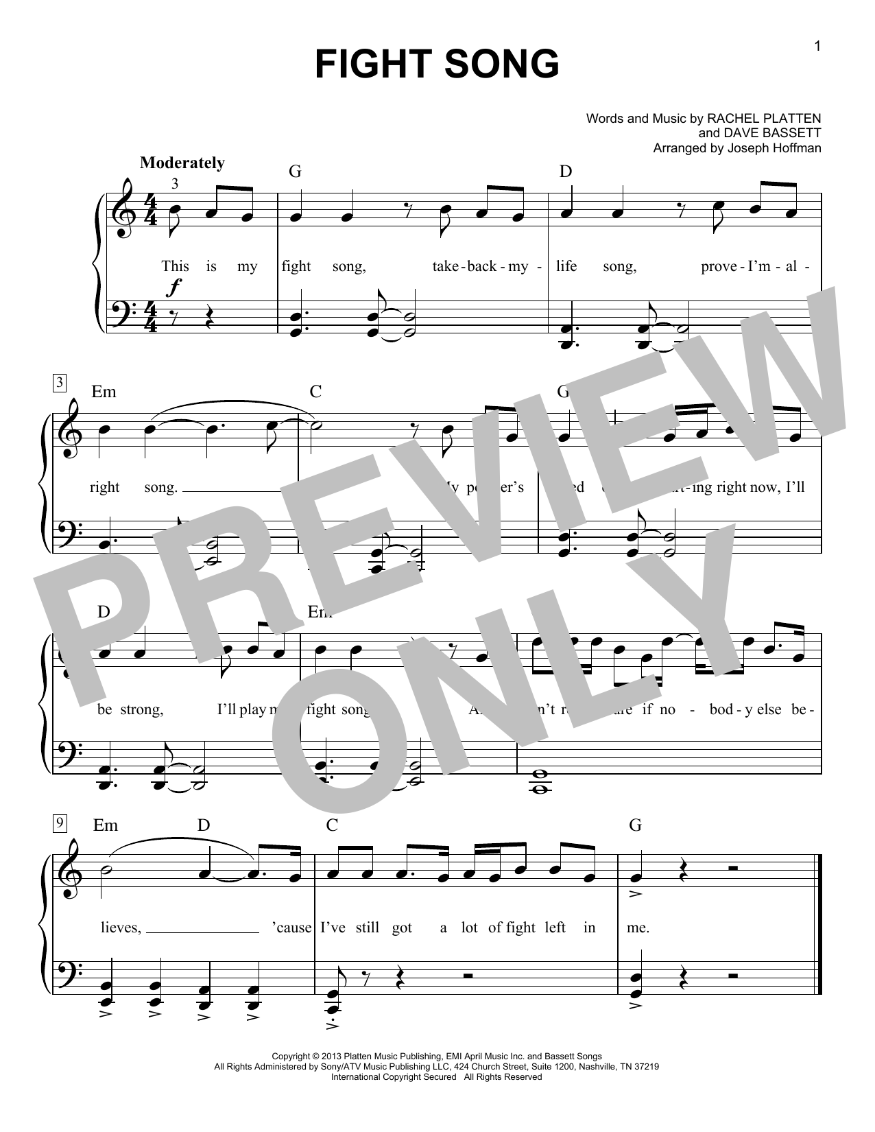 Download Rachel Platten Fight Song (arr. Joseph Hoffman) Sheet Music and learn how to play Easy Piano PDF digital score in minutes