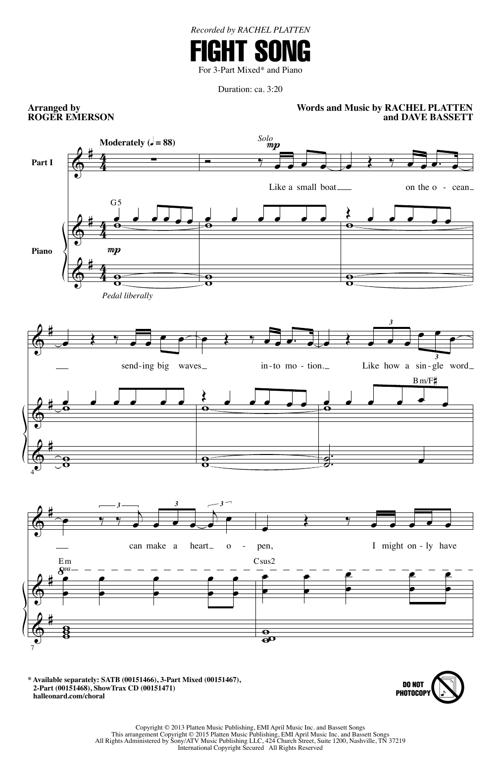 Download Rachel Platten Fight Song (arr. Roger Emerson) Sheet Music and learn how to play 3-Part Mixed PDF digital score in minutes