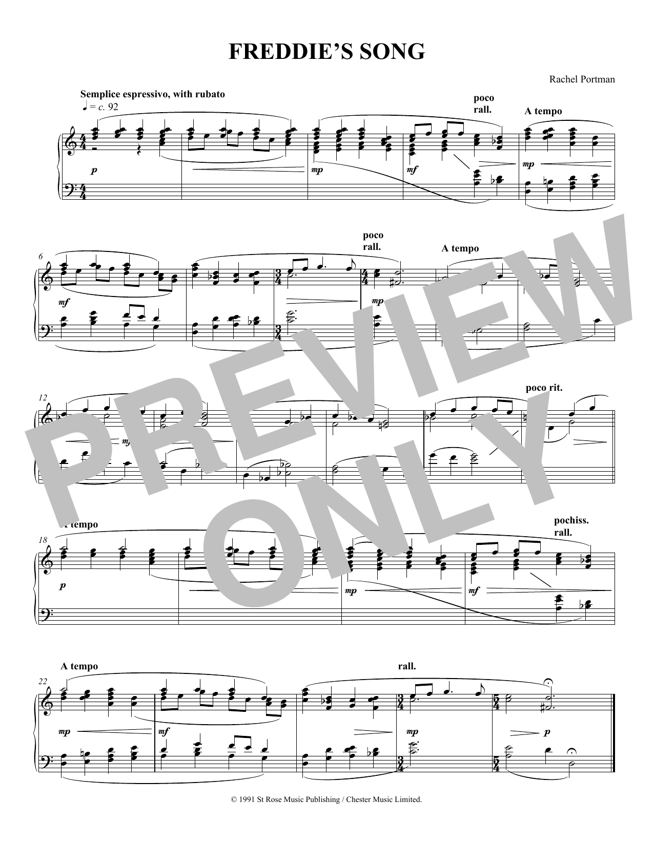 Download Rachel Portman Freddie's Song Sheet Music and learn how to play Piano Solo PDF digital score in minutes