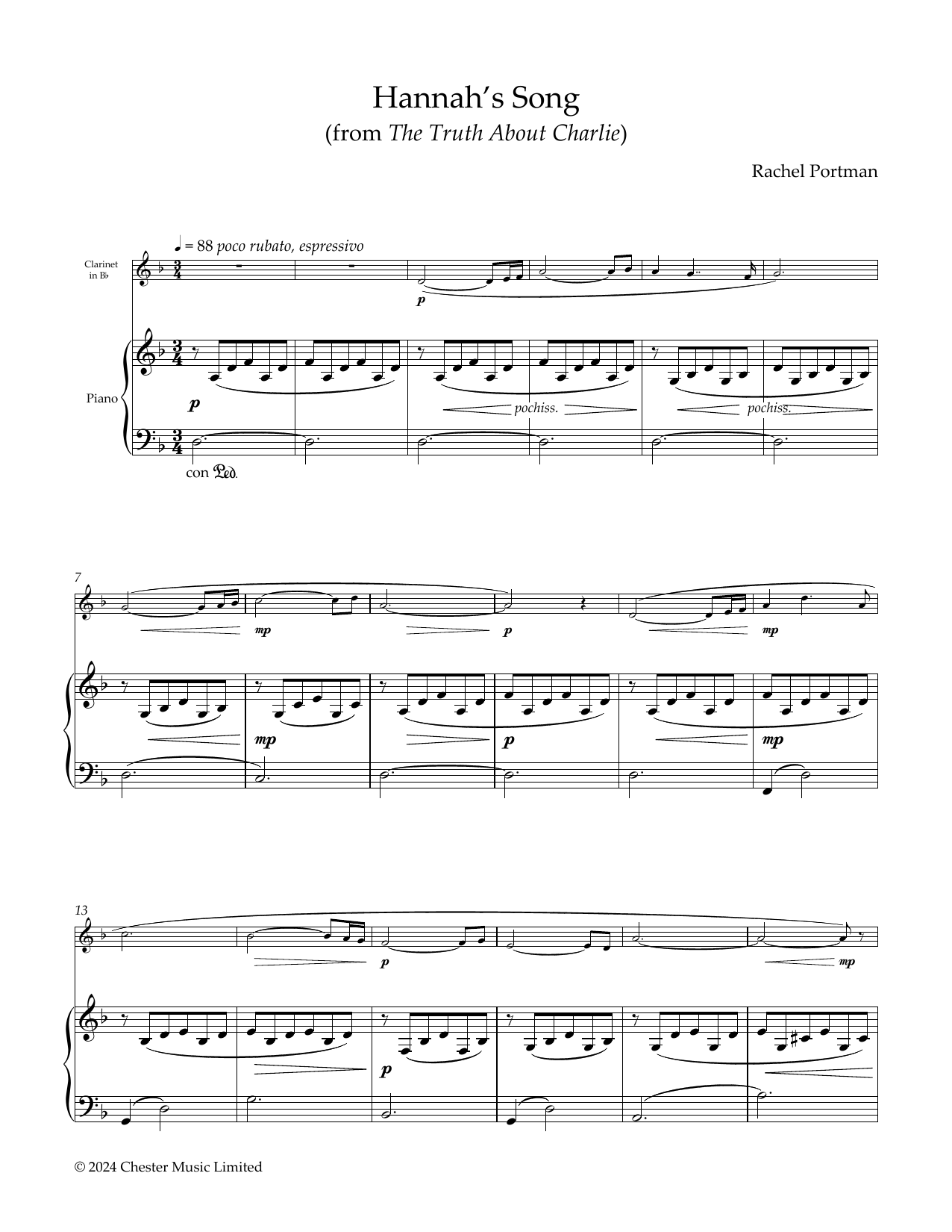 Download Rachel Portman Hannah's Song Sheet Music and learn how to play Clarinet and Piano PDF digital score in minutes