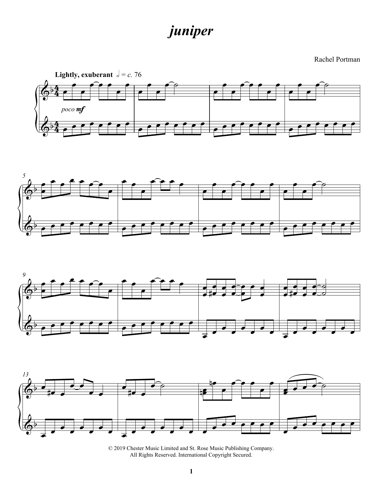 Download Rachel Portman juniper Sheet Music and learn how to play Piano Solo PDF digital score in minutes