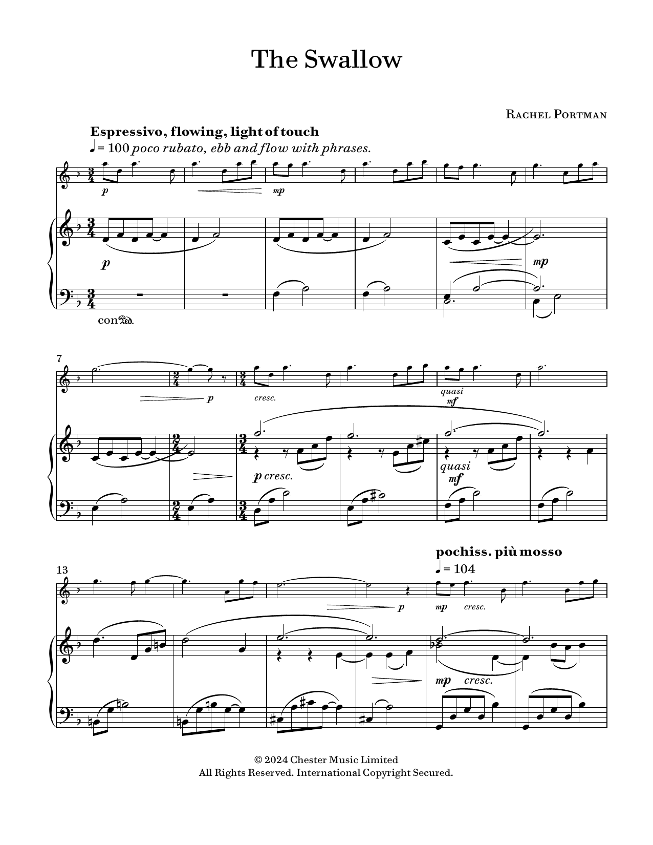 Download Rachel Portman The Swallow Sheet Music and learn how to play Violin and Piano PDF digital score in minutes