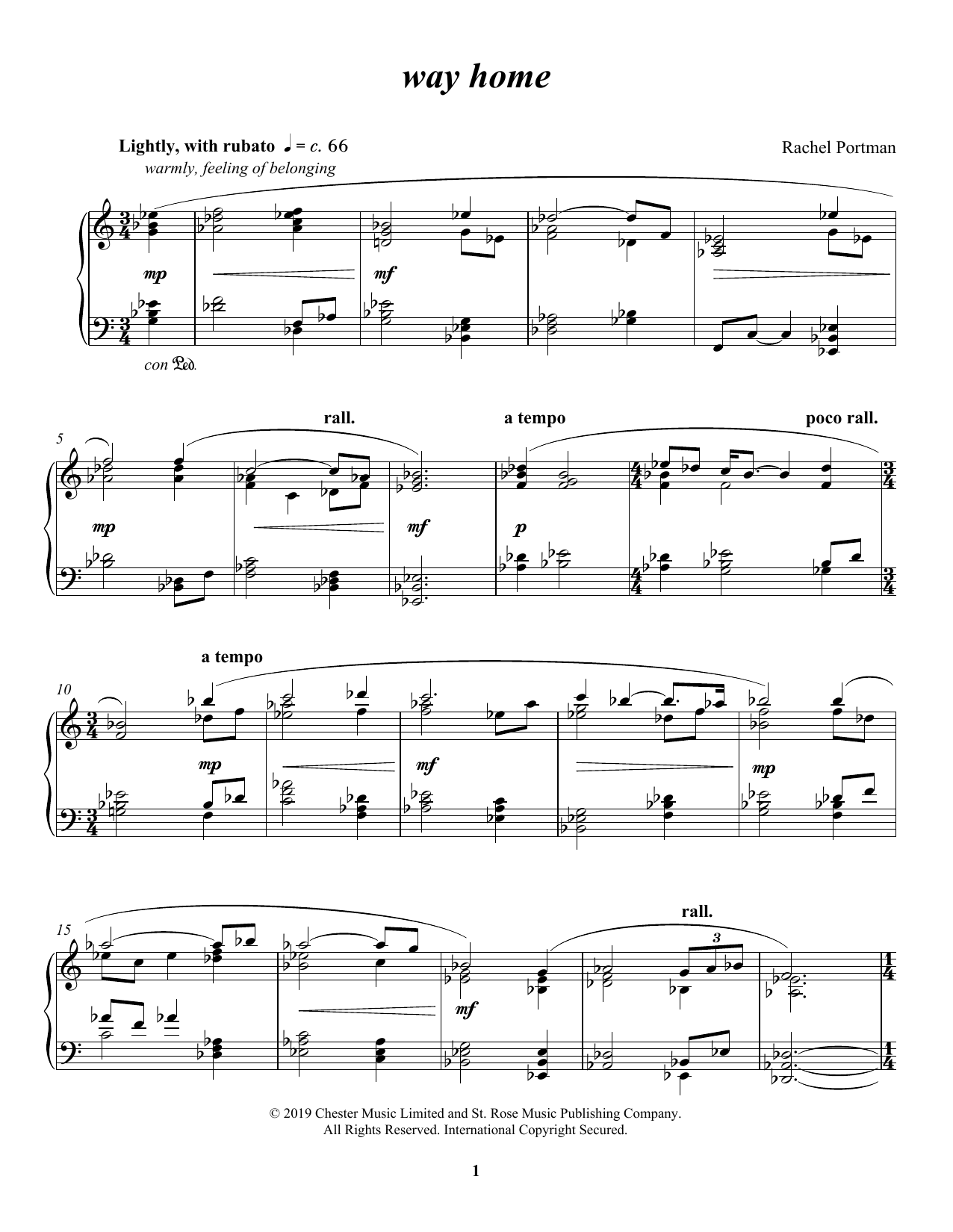 Download Rachel Portman the way home Sheet Music and learn how to play Piano Solo PDF digital score in minutes