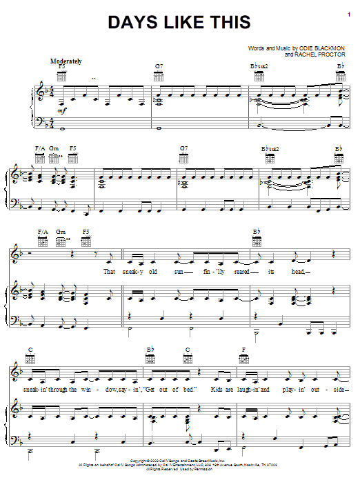 Download Rachel Proctor Days Like This Sheet Music and learn how to play Piano, Vocal & Guitar (Right-Hand Melody) PDF digital score in minutes