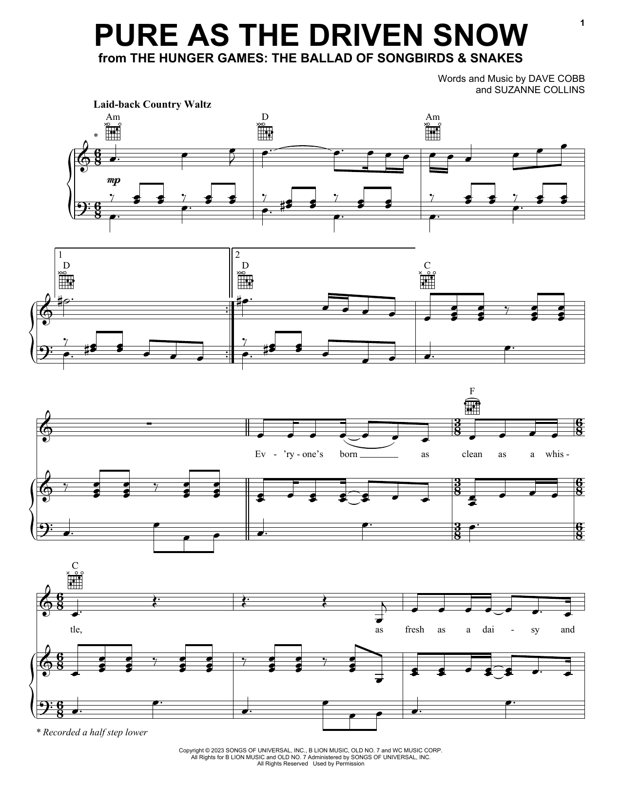 Download Rachel Zegler Pure As The Driven Snow (from The Hunger Games: The Ballad of Songbirds & Snakes Sheet Music and learn how to play Piano, Vocal & Guitar Chords (Right-Hand Melody) PDF digital score in minutes