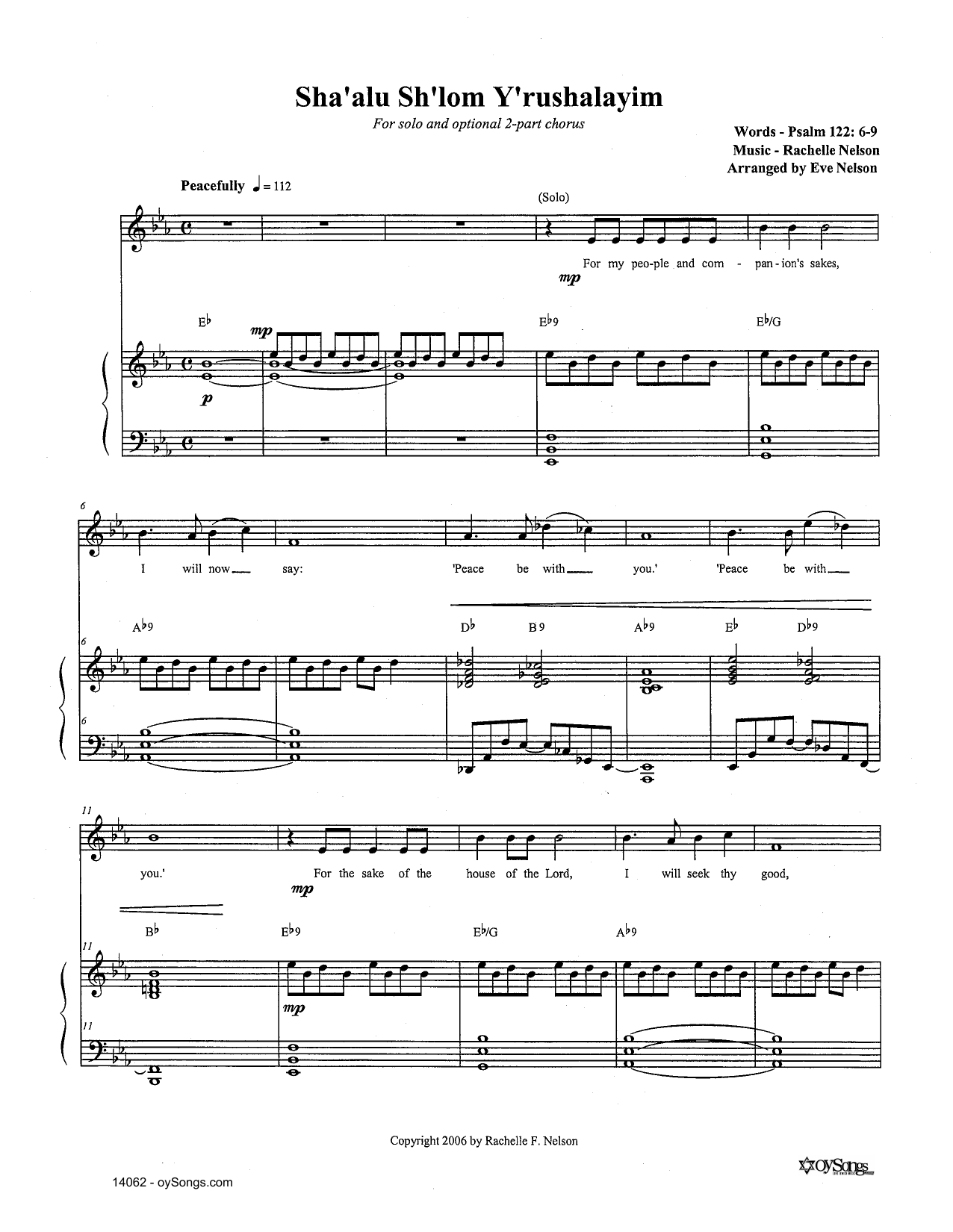 Download Rachelle Nelson Sha'alu Sh'lom Y'rushalayim Sheet Music and learn how to play Piano, Vocal & Guitar Chords (Right-Hand Melody) PDF digital score in minutes