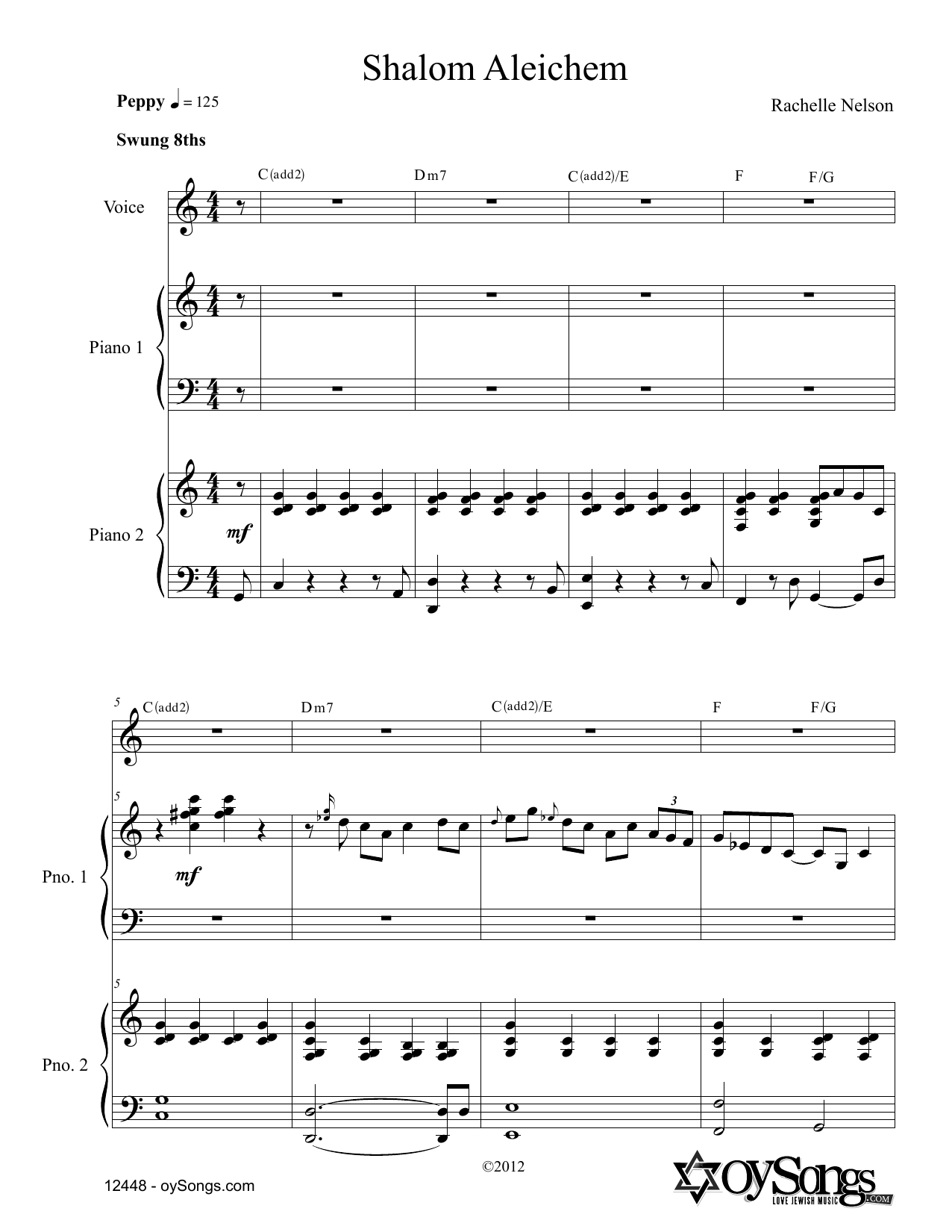 Download Rachelle Nelson Shalom Aleichem (for 2 Pianos) Sheet Music and learn how to play Piano & Vocal PDF digital score in minutes