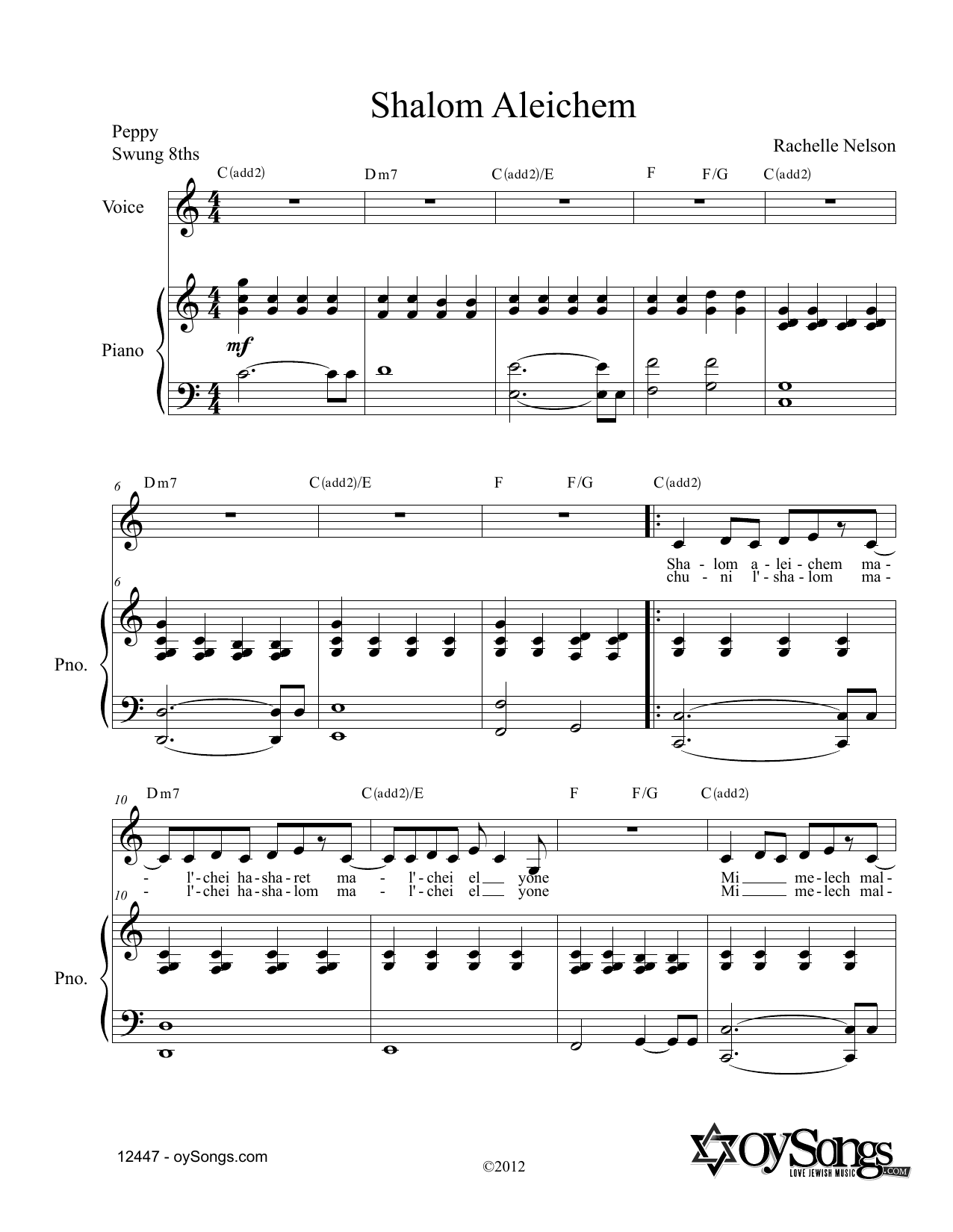 Download Rachelle Nelson Shalom Aleichem Sheet Music and learn how to play Piano & Vocal PDF digital score in minutes