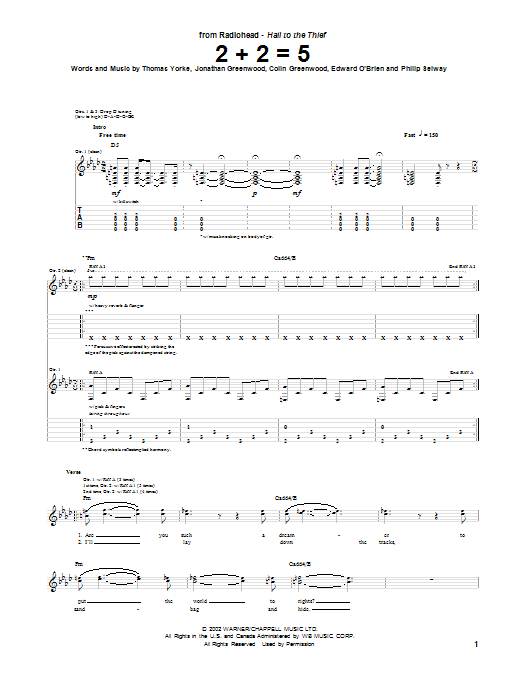 Download Radiohead 2 + 2 = 5 Sheet Music and learn how to play Guitar Tab PDF digital score in minutes