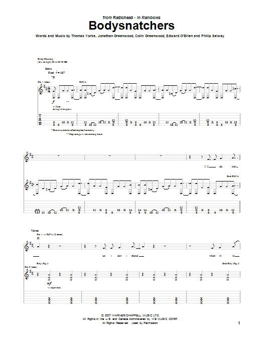 Download Radiohead Bodysnatchers Sheet Music and learn how to play Piano, Vocal & Guitar (Right-Hand Melody) PDF digital score in minutes