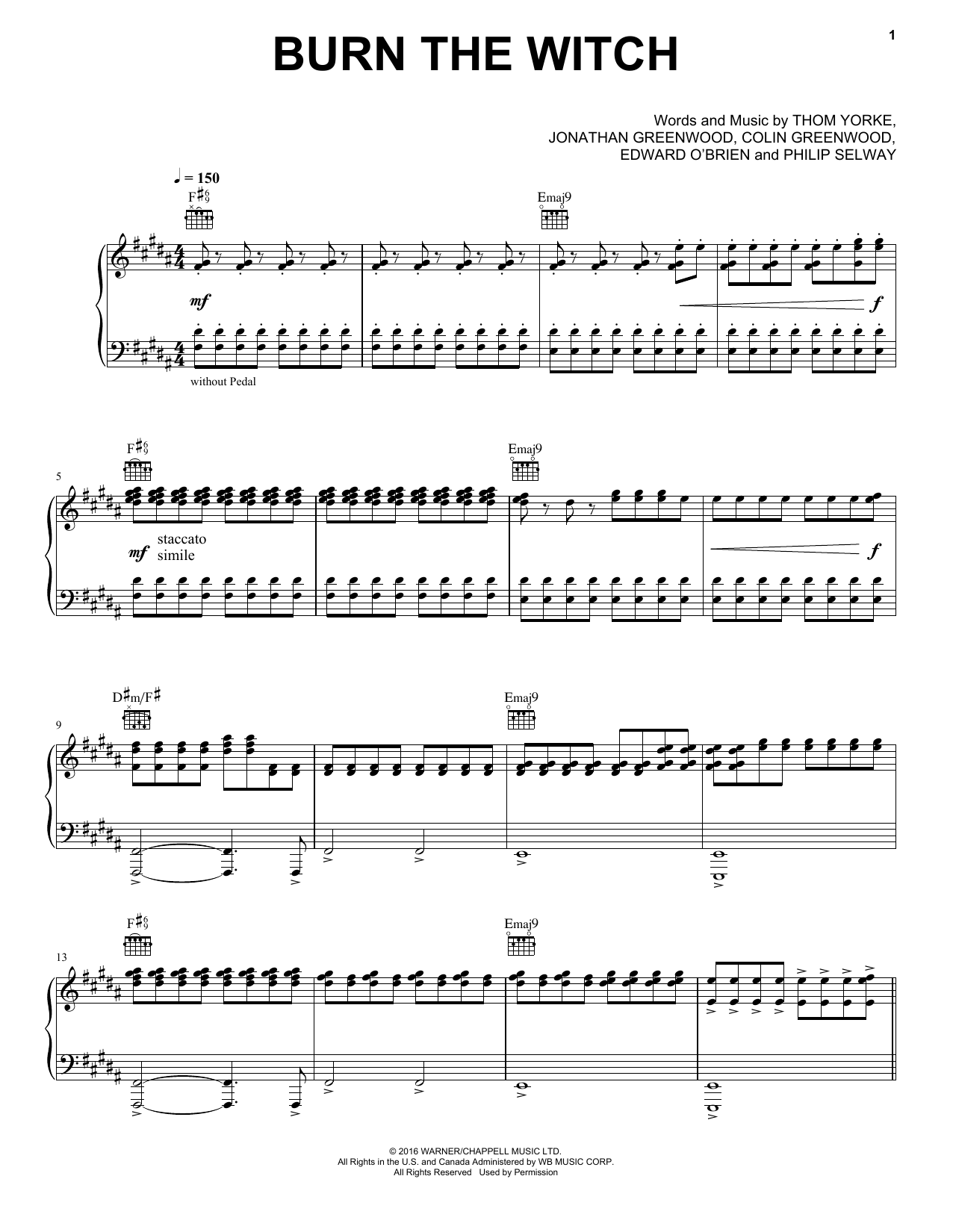 Download Radiohead Burn The Witch Sheet Music and learn how to play Piano, Vocal & Guitar (Right-Hand Melody) PDF digital score in minutes