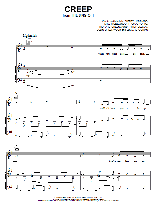 Download Radiohead Creep Sheet Music and learn how to play Piano, Vocal & Guitar (Right-Hand Melody) PDF digital score in minutes