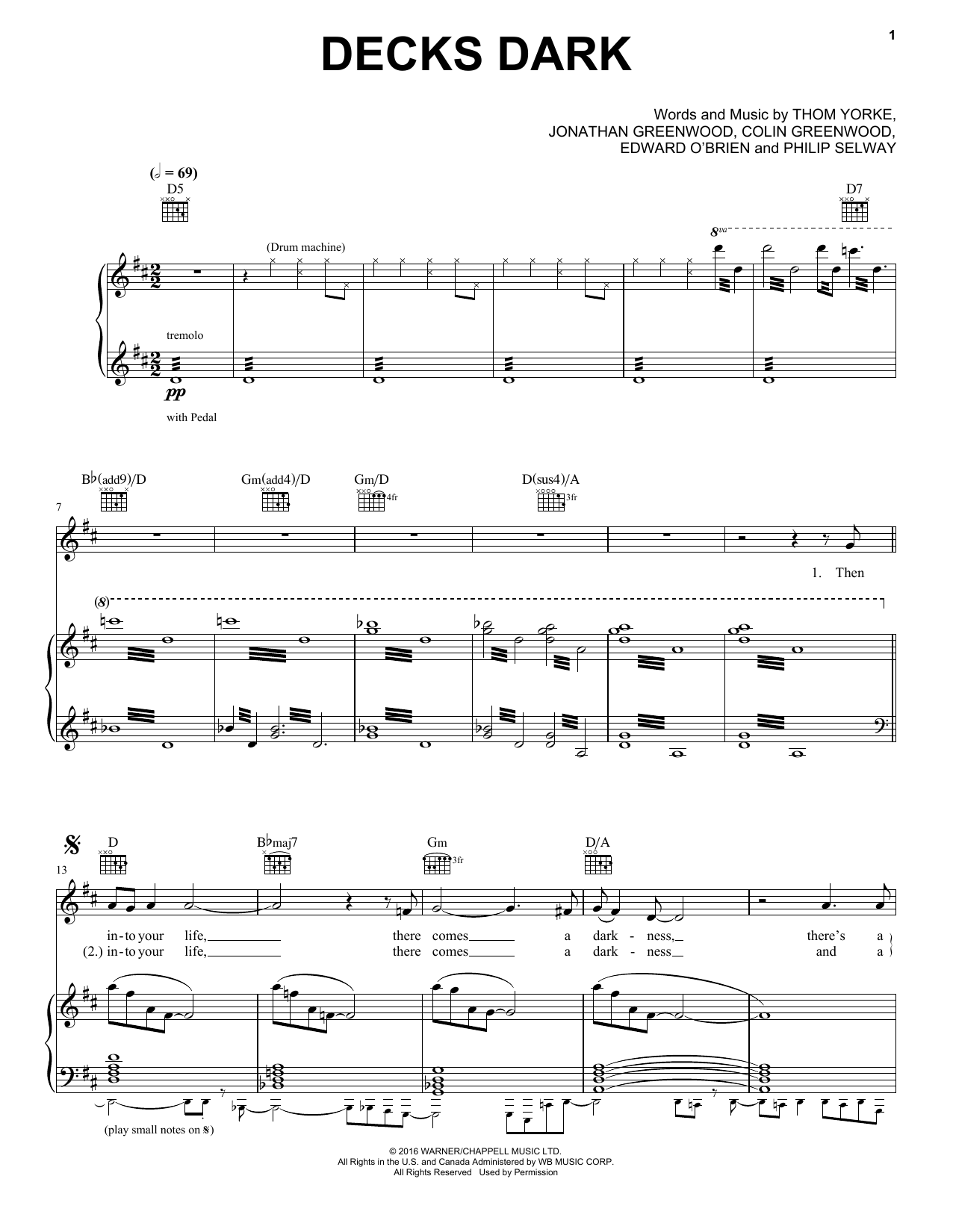 Download Radiohead Decks Dark Sheet Music and learn how to play Piano, Vocal & Guitar (Right-Hand Melody) PDF digital score in minutes