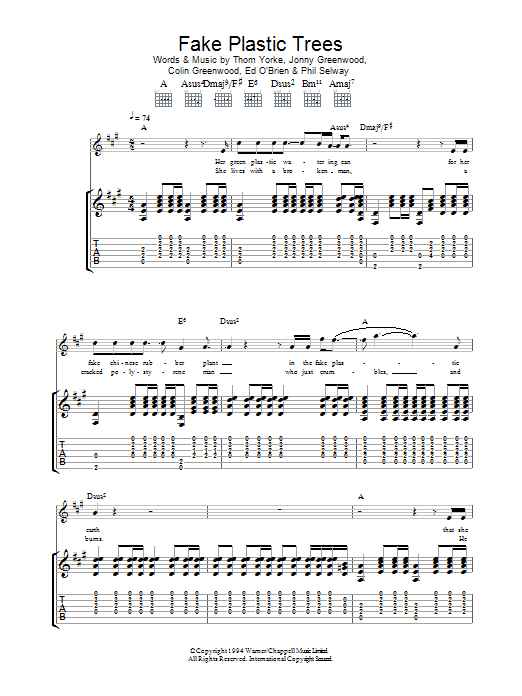 Download Radiohead Fake Plastic Trees Sheet Music and learn how to play Guitar Chords/Lyrics PDF digital score in minutes