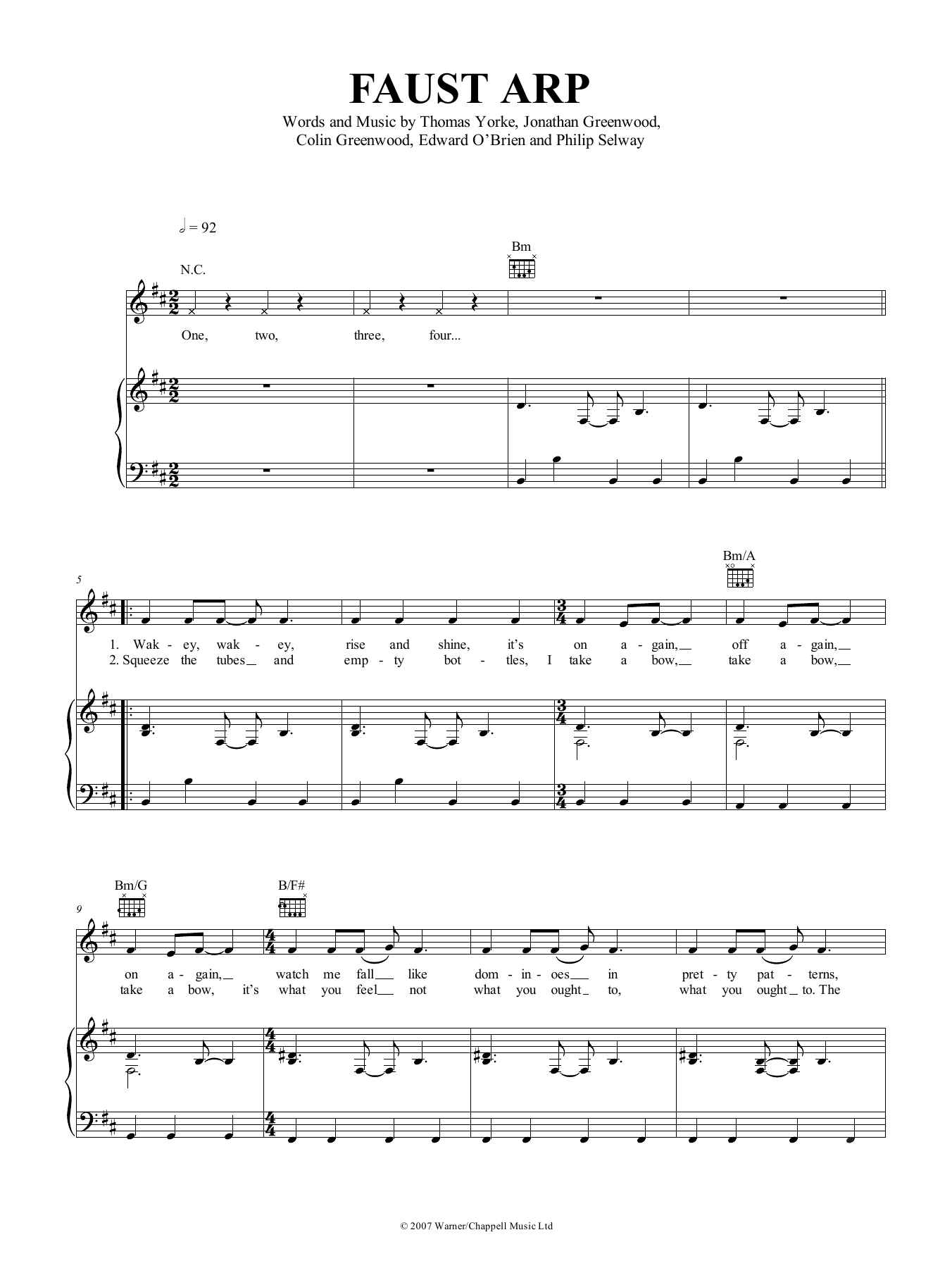 Download Radiohead Faust Arp Sheet Music and learn how to play Piano, Vocal & Guitar (Right-Hand Melody) PDF digital score in minutes