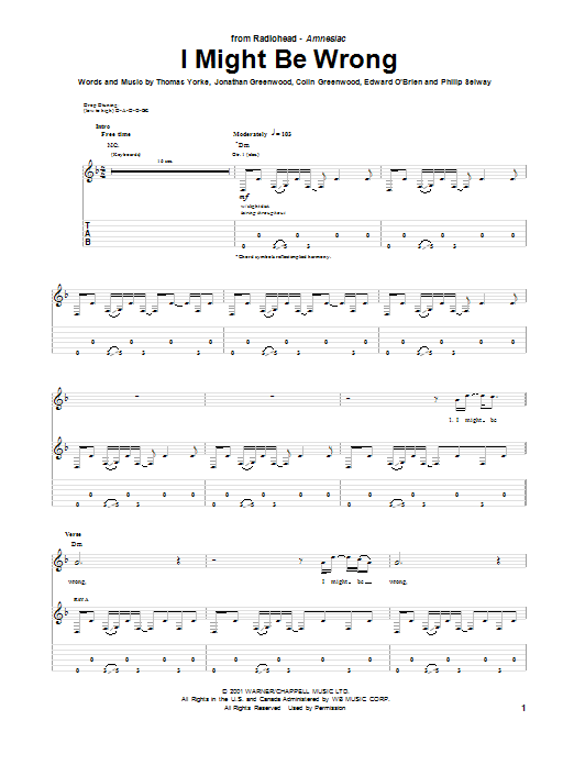 Download Radiohead I Might Be Wrong Sheet Music and learn how to play Guitar Tab PDF digital score in minutes
