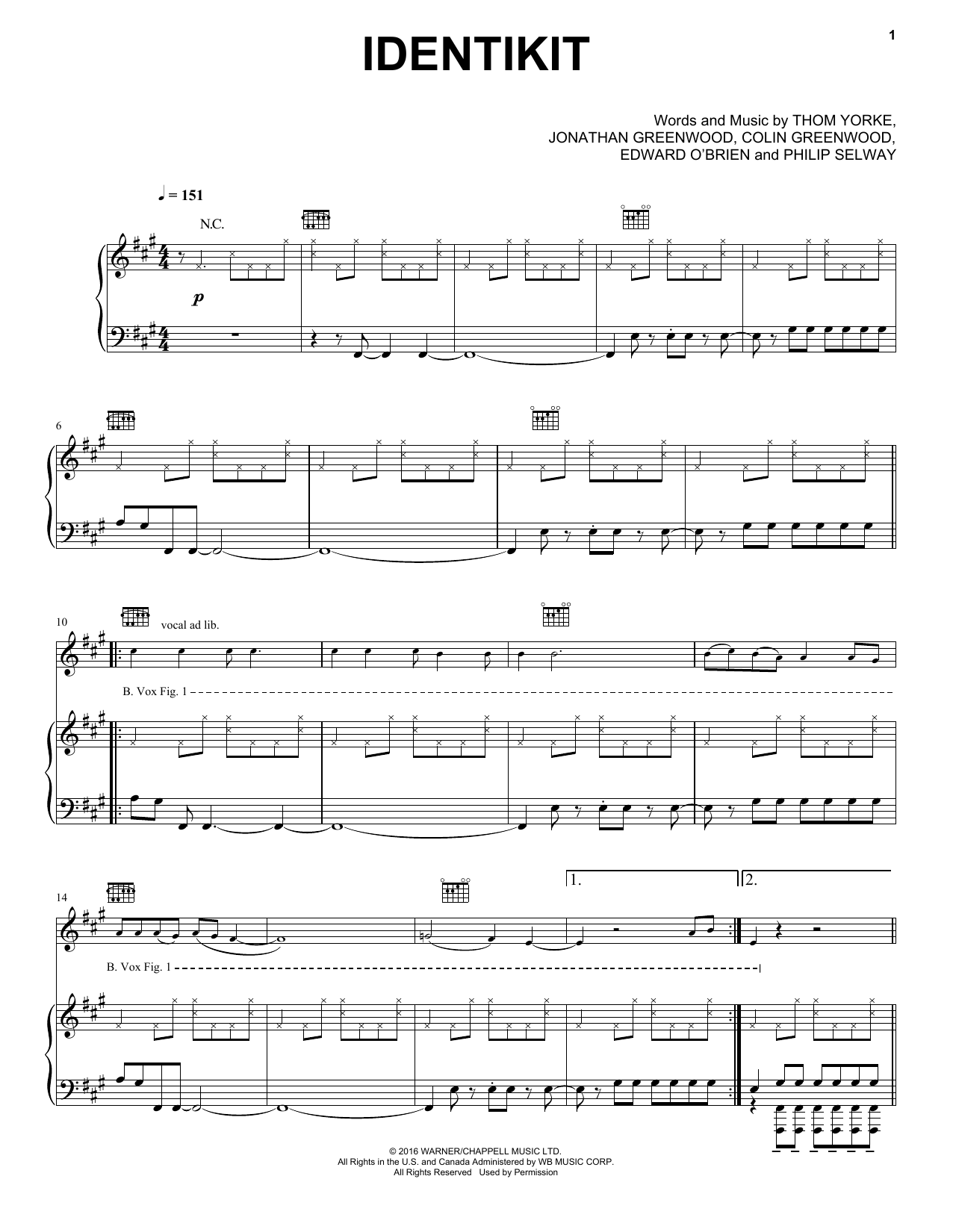 Download Radiohead Identikit Sheet Music and learn how to play Piano, Vocal & Guitar (Right-Hand Melody) PDF digital score in minutes