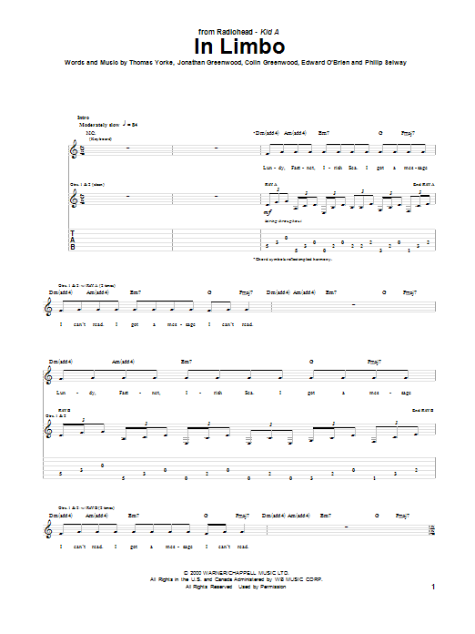 Download Radiohead In Limbo Sheet Music and learn how to play Guitar Tab PDF digital score in minutes