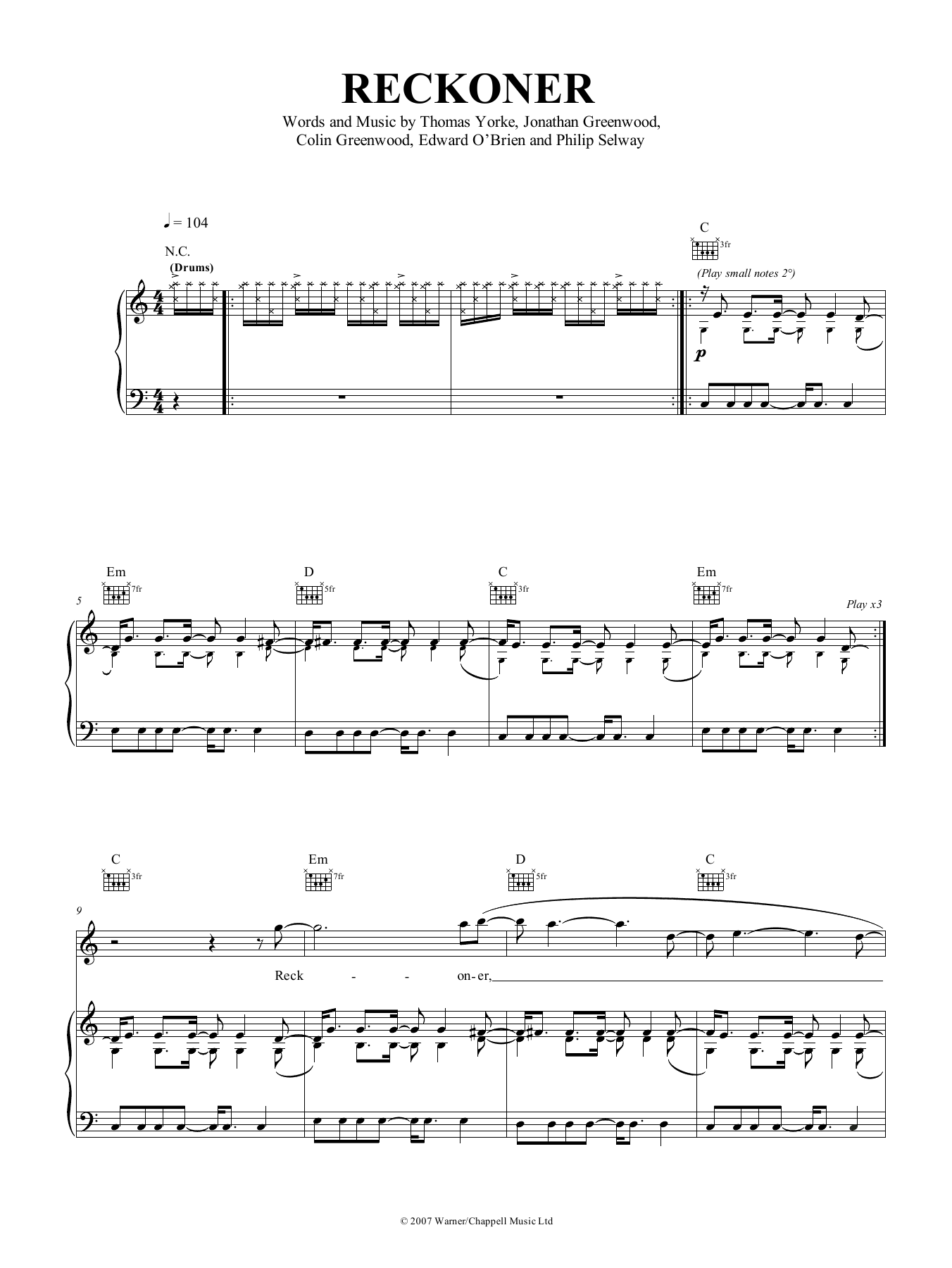 Download Radiohead Reckoner Sheet Music and learn how to play Piano, Vocal & Guitar (Right-Hand Melody) PDF digital score in minutes