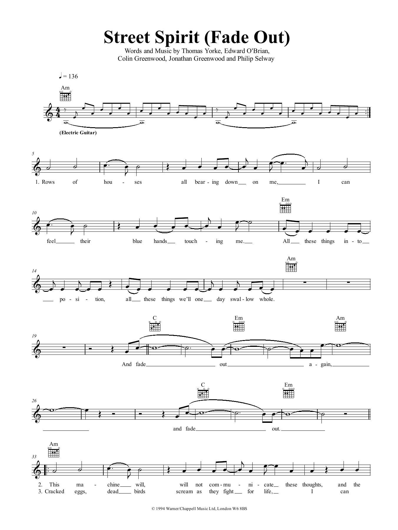 Download Radiohead Street Spirit (Fade Out) Sheet Music and learn how to play Lead Sheet / Fake Book PDF digital score in minutes