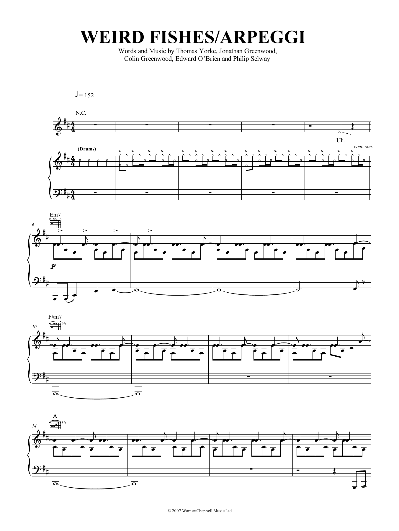 Download Radiohead Weird Fishes/Arpeggi Sheet Music and learn how to play Piano, Vocal & Guitar (Right-Hand Melody) PDF digital score in minutes