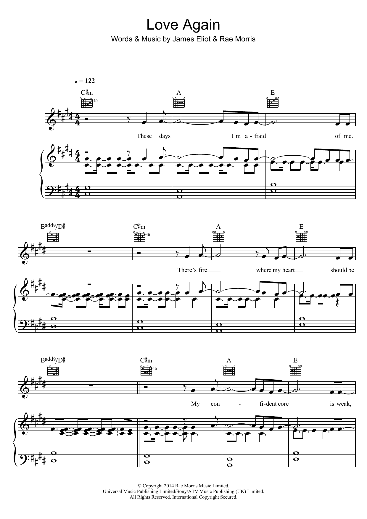 Download Rae Morris Love Again Sheet Music and learn how to play Piano, Vocal & Guitar (Right-Hand Melody) PDF digital score in minutes