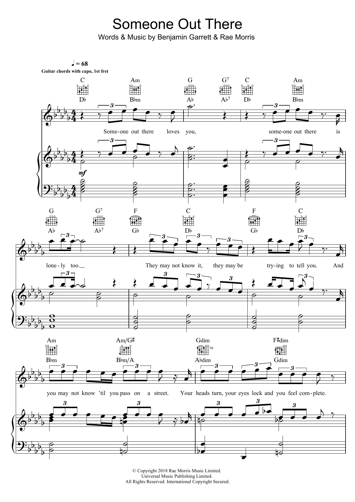 Download Rae Morris Someone Out There Sheet Music and learn how to play Piano, Vocal & Guitar (Right-Hand Melody) PDF digital score in minutes