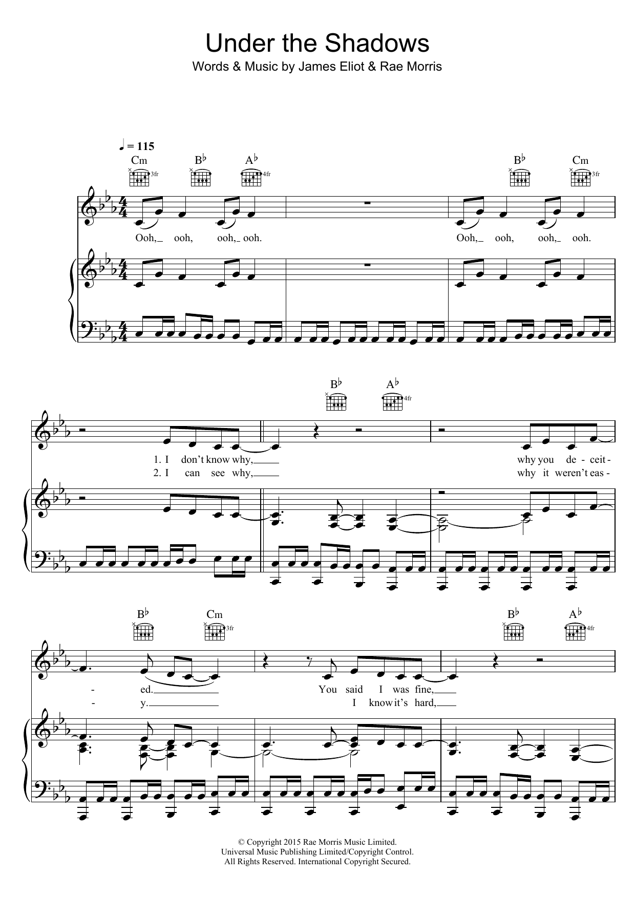 Download Rae Morris Under The Shadows Sheet Music and learn how to play Piano, Vocal & Guitar (Right-Hand Melody) PDF digital score in minutes