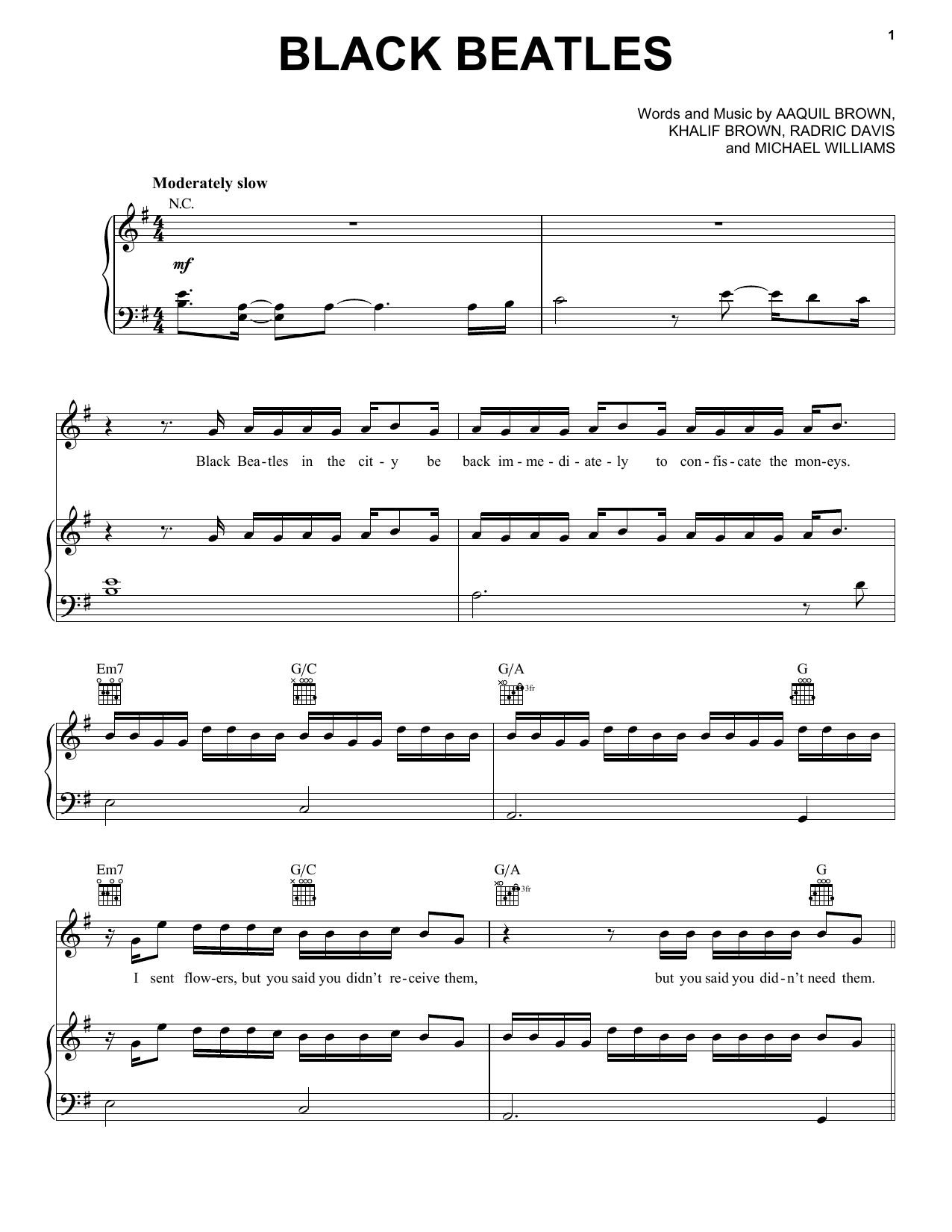 Download Rae Sremmurd ft. Gucci Mane Black Beatles Sheet Music and learn how to play Piano, Vocal & Guitar (Right-Hand Melody) PDF digital score in minutes
