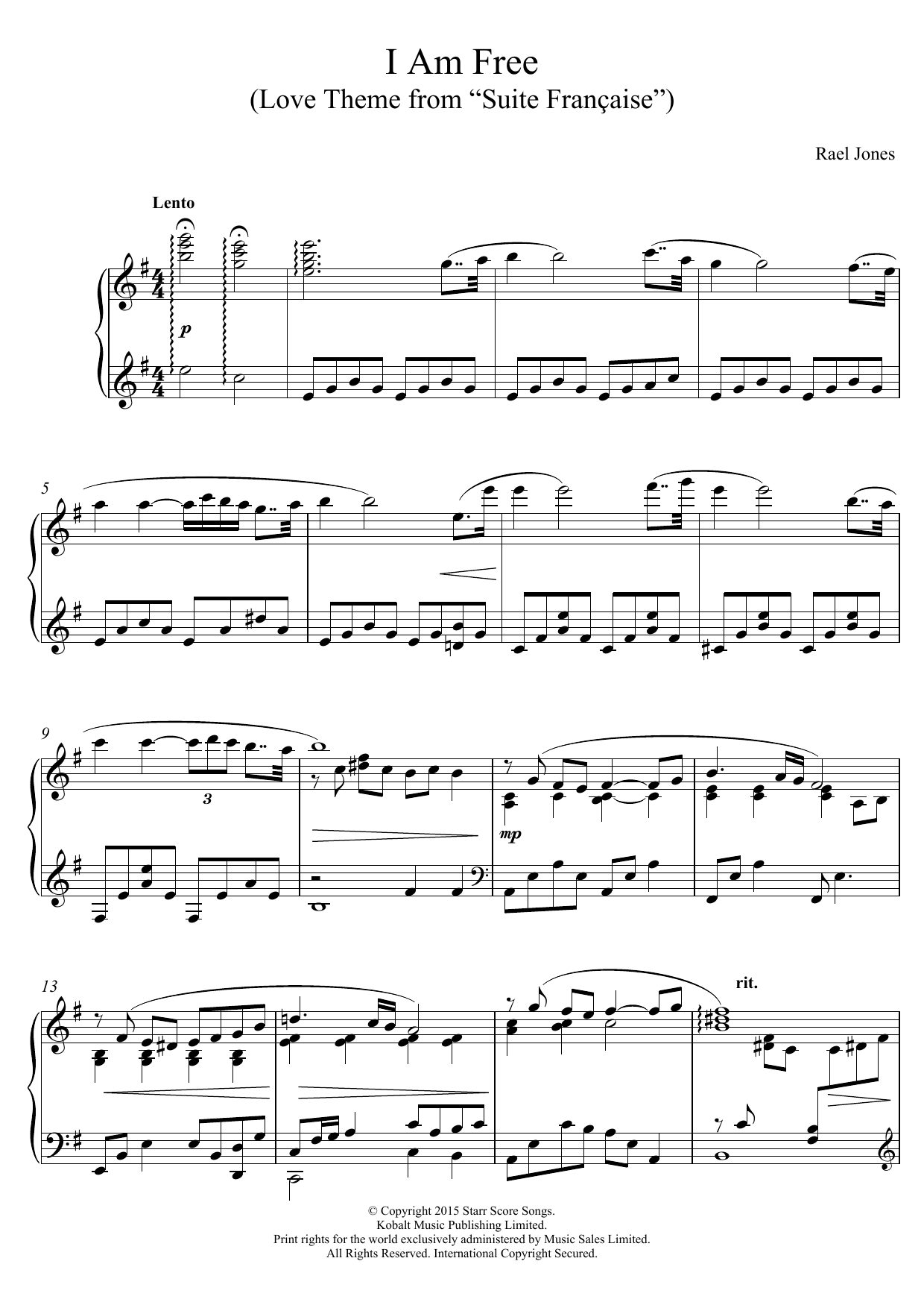 Download Rael Jones I Am Free (Love Theme from 'Suite Francaise') Sheet Music and learn how to play Piano PDF digital score in minutes