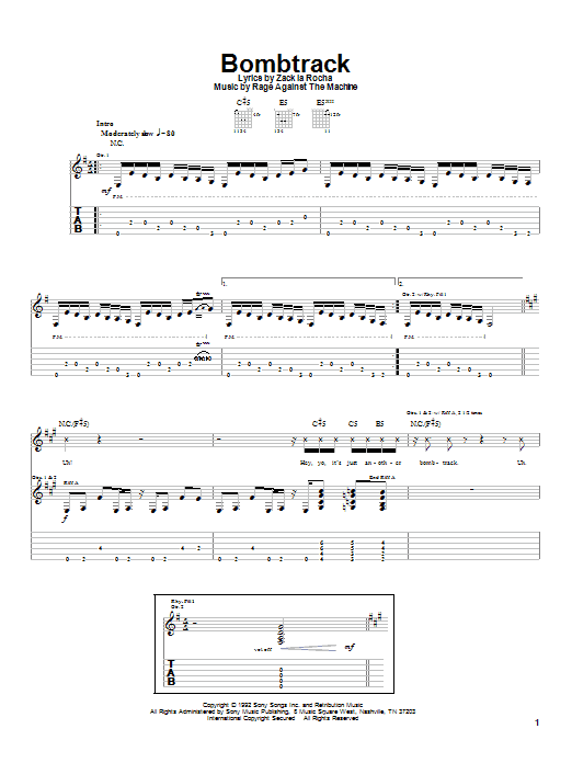 Download Rage Against The Machine Bombtrack Sheet Music and learn how to play Guitar Tab PDF digital score in minutes