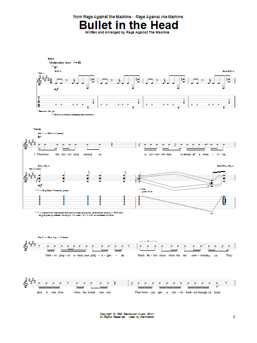 Download Rage Against The Machine Bullet In The Head Sheet Music and learn how to play Bass Guitar Tab PDF digital score in minutes