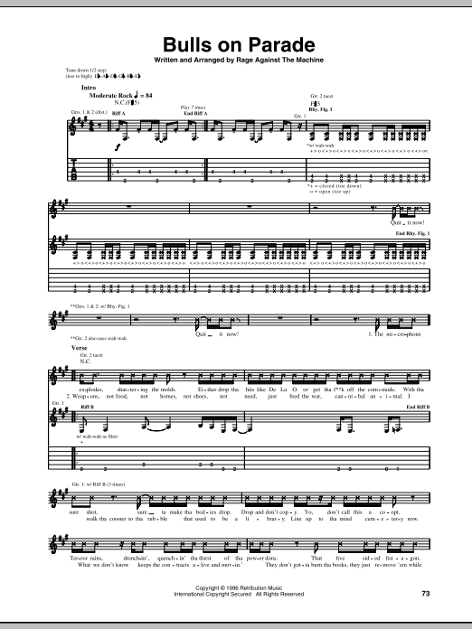 Download Rage Against The Machine Bulls On Parade Sheet Music and learn how to play Bass Guitar Tab PDF digital score in minutes