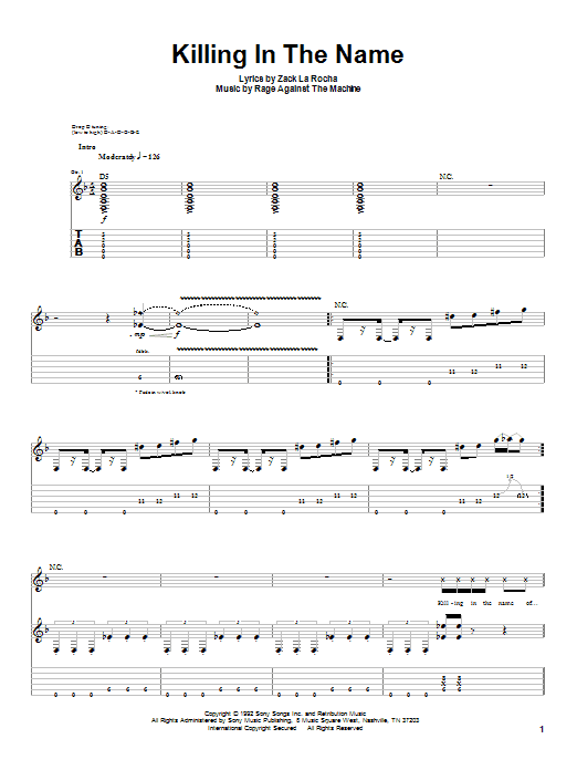 Download Rage Against The Machine Killing In The Name Sheet Music and learn how to play Guitar Tab PDF digital score in minutes