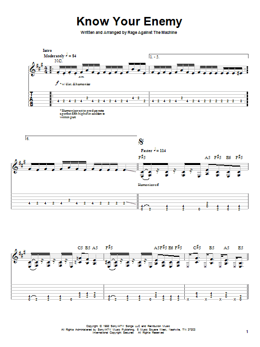 Download Rage Against The Machine Know Your Enemy Sheet Music and learn how to play Guitar Tab PDF digital score in minutes