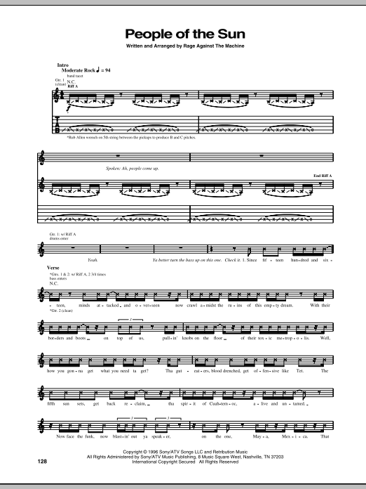 Download Rage Against The Machine People Of The Sun Sheet Music and learn how to play Guitar Tab PDF digital score in minutes