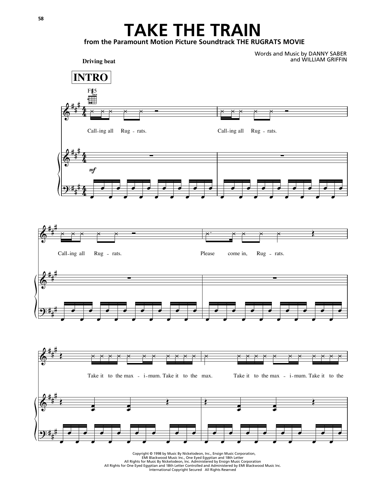 Download Rakim and Danny Saber Take The Train (from The Rugrats Movie) Sheet Music and learn how to play Piano, Vocal & Guitar Chords (Right-Hand Melody) PDF digital score in minutes