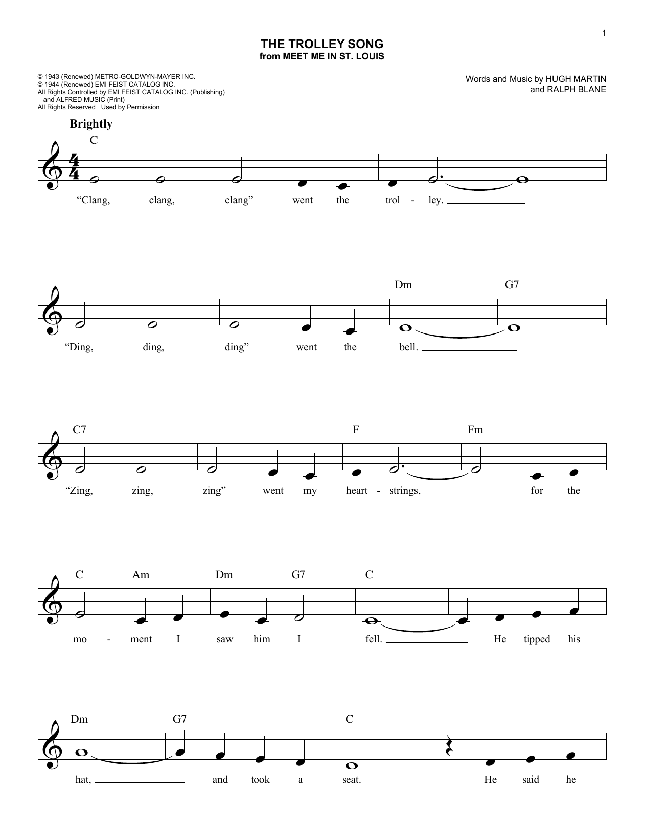 Download Ralph Blane The Trolley Song Sheet Music and learn how to play Melody Line, Lyrics & Chords PDF digital score in minutes