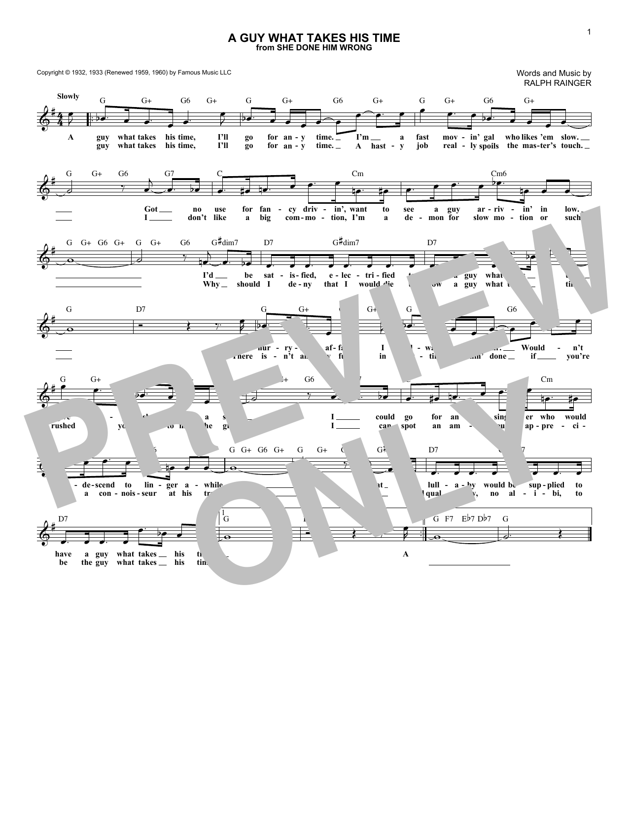 Download Ralph Rainger A Guy What Takes His Time Sheet Music and learn how to play Melody Line, Lyrics & Chords PDF digital score in minutes