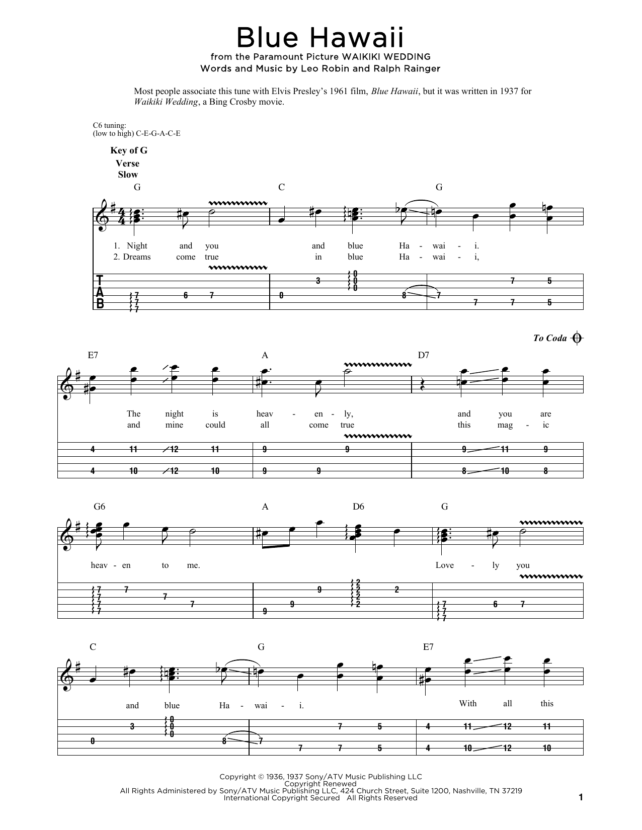 Download Ralph Rainger Blue Hawaii Sheet Music and learn how to play Dobro PDF digital score in minutes