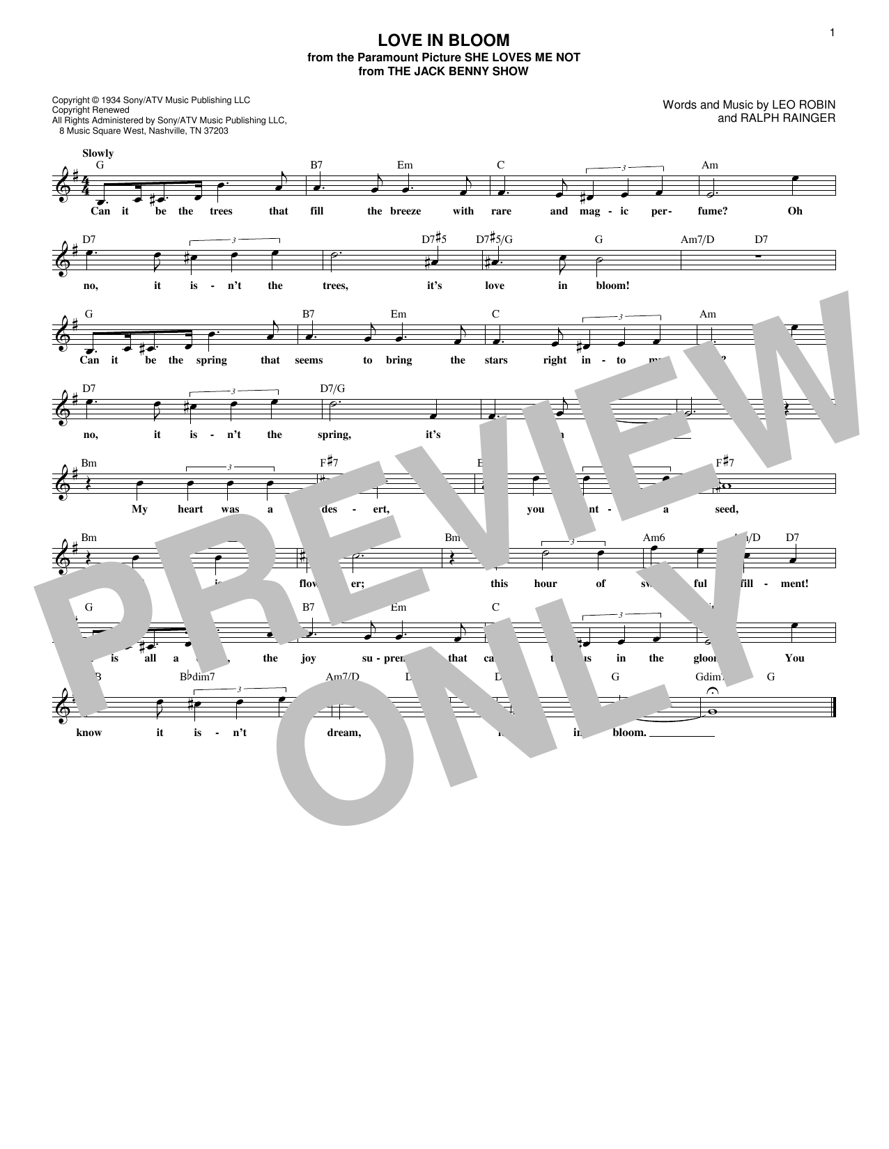 Download Ralph Rainger Love In Bloom Sheet Music and learn how to play Melody Line, Lyrics & Chords PDF digital score in minutes